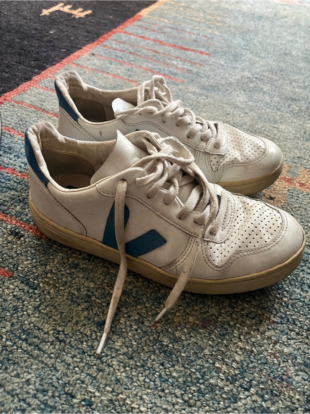 Veja White Leather Low-Top Sneakers with Blue Accents